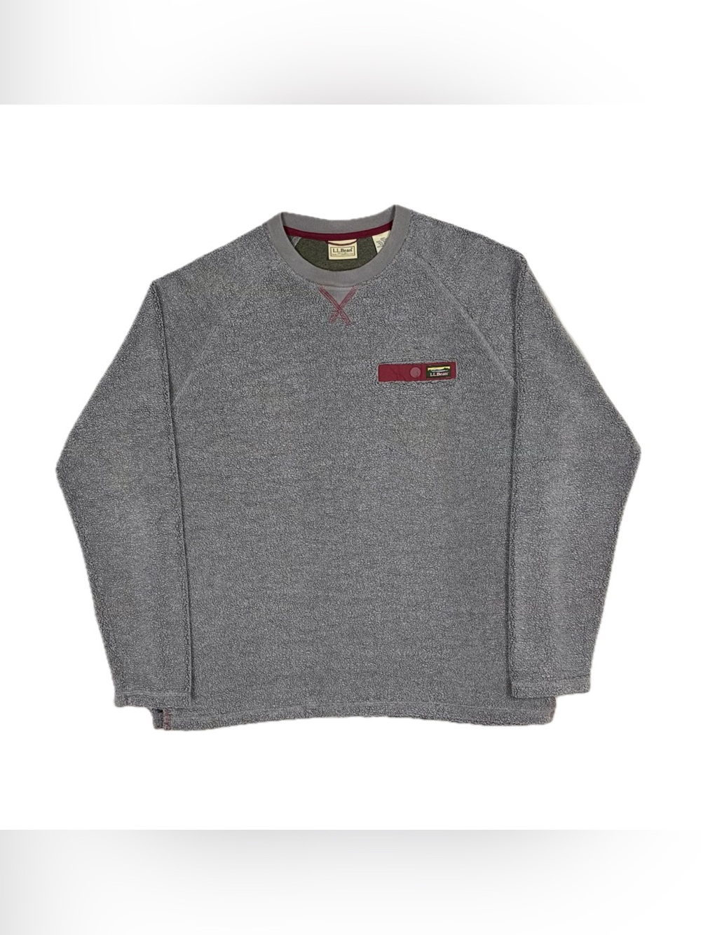 LL Bean Grey Maroon Red Tumbled‎ Sherpa Crewneck Pullover Sweatshirt Mens Medium
